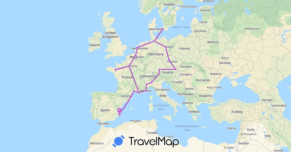 TravelMap itinerary: driving, train in Austria, Belgium, Czech Republic, Germany, Denmark, Spain, France, Italy, Monaco, Netherlands (Europe)
